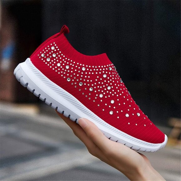 Women's Mesh Walking Shoes Rhinestone Glitter Slip On Ballroom Sneakers Red - Picture 4 of 6